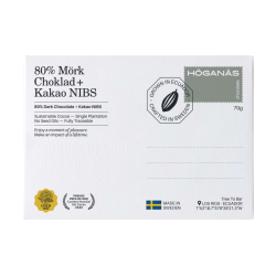 Chocolate negro 80% cacao con trozos de nibs de cacao. Extra crujiente, con un sabor puro y tostado que resalta la esencia del c