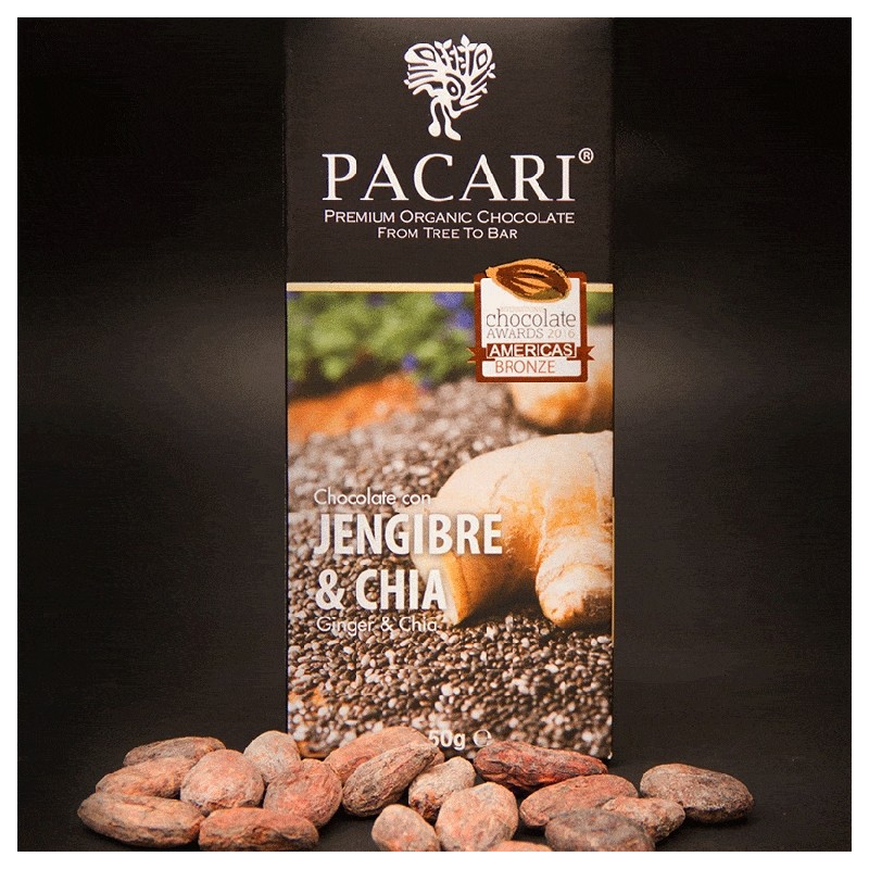 PACARI Chocolate Negro Orgánico Jengibre y Chia - Barra 50gr